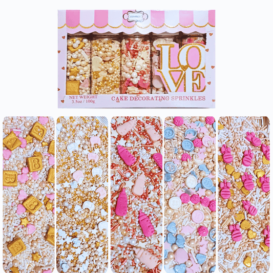 Confect Girls Baby Shower Sprinkles | Mix Heart, Teddy, Baby Feed Bottle & Baby Feet Sprinkles Pack of 5 (BABY SHOWER -17)