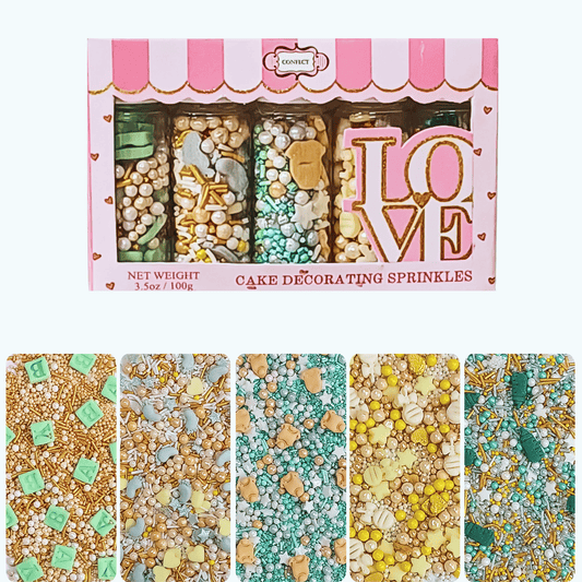 Baby Shower Sprinkles | Mix Gold, Silver, Mint Green & Pearl Dragees Pack of 5 (BABY SHOWER -01)