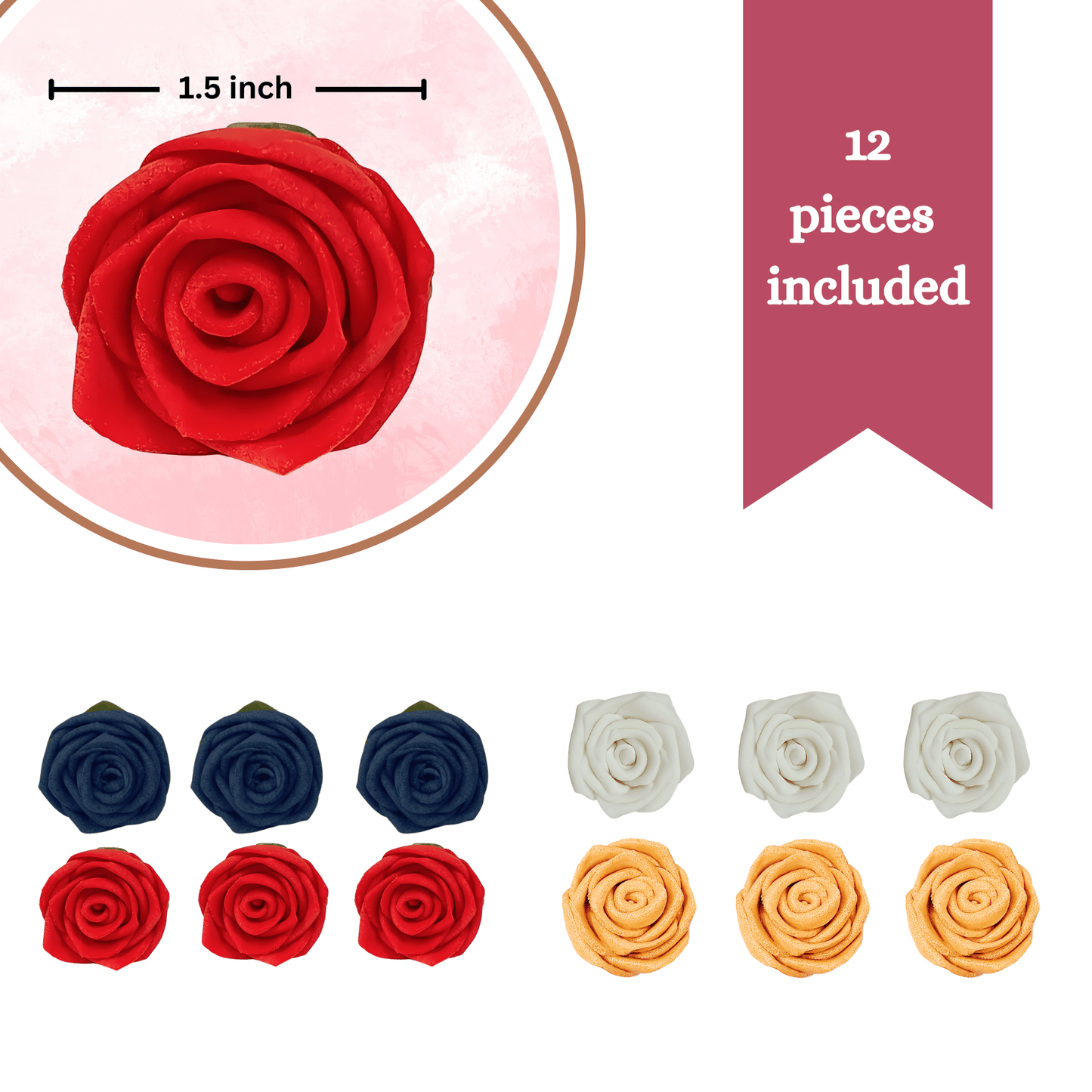 Confect Edible Sugar Roses Cake Toppers For Cupcakes, Doughnut & Cake Decorations - Pack of 12 (J4-ROSES-04)