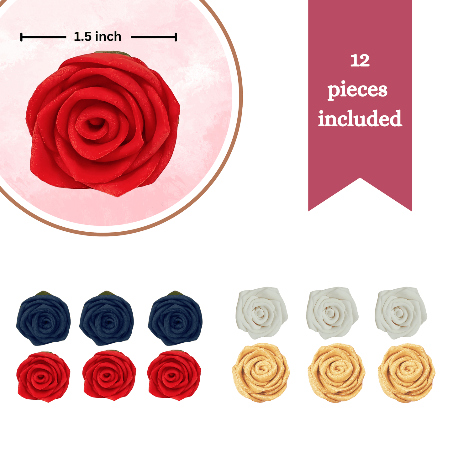 Edible Sugar Roses Cake Toppers For Cupcakes, Doughnut & Cake Decorations - Pack of 12 (J4-ROSES-03)