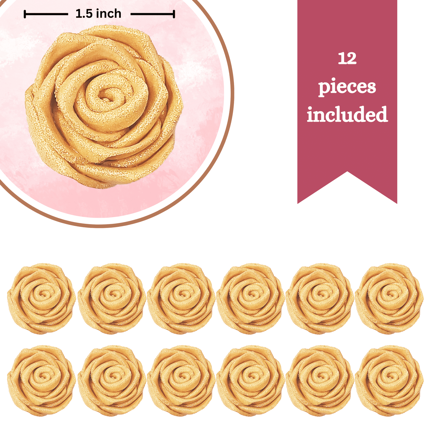 Confect Edible Rose Cake Toppers | Edible Toppers Roses for Cake Decorations- 12 Roses (Champagne Gold)