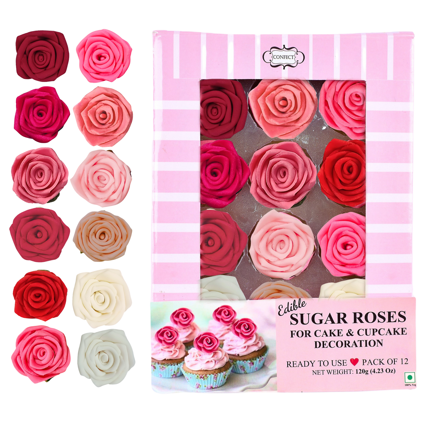 Confect Sugar Roses Topper | Sugar Roses for cake decorations | Cupcakes & Doughnut Edible Toppers | ombre -5 - Pack of 12