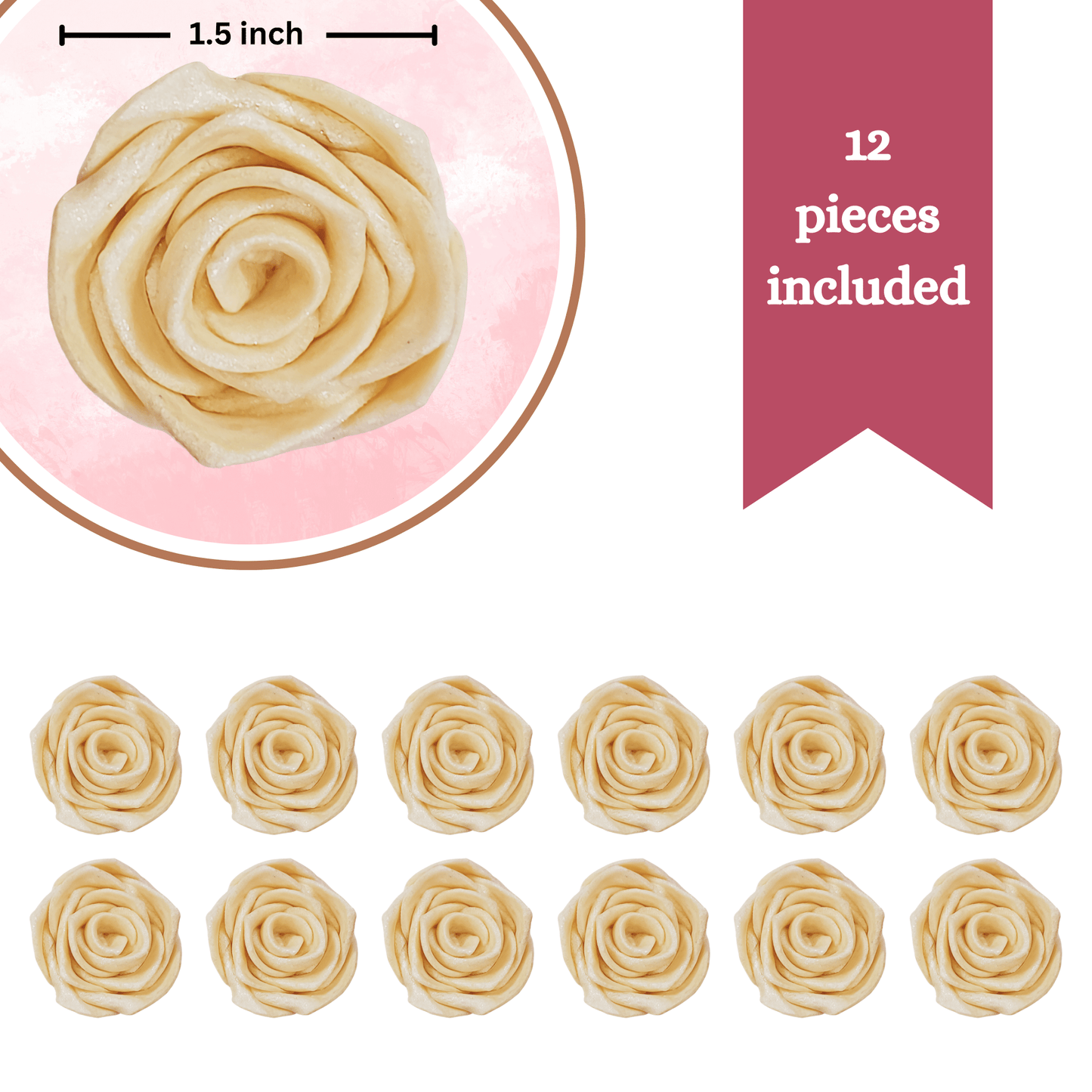 Confect Edible Rose Cake Toppers | Edible Toppers Roses for Cake Decorations- 12 Roses (Pearl Roses)