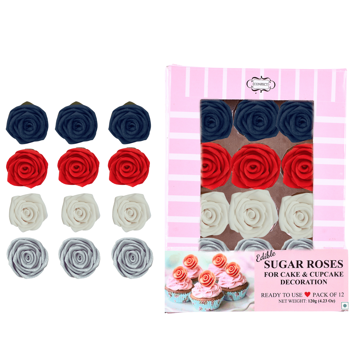 Confect Edible Sugar Roses Cake Toppers For Cupcakes, Doughnut & Cake Decorations - Pack of 12 (J4-ROSES-01)