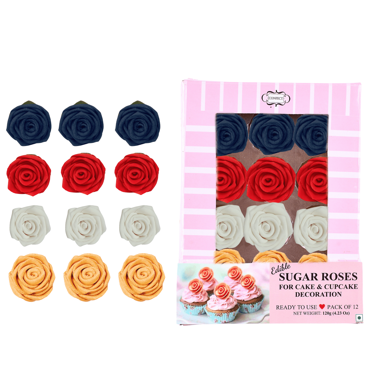 Edible Sugar Roses Cake Toppers For Cupcakes, Doughnut & Cake Decorations - Pack of 12 (J4-ROSES-04)