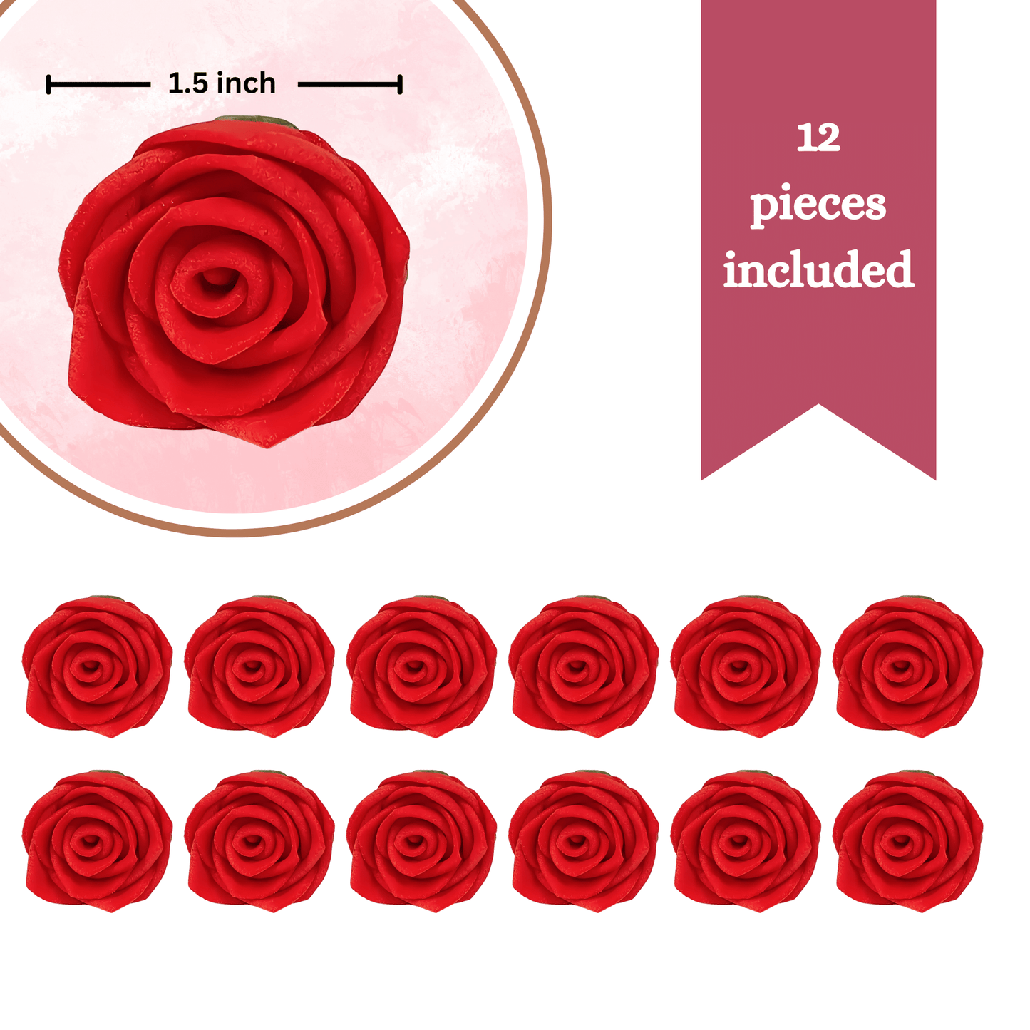 Confect Sugar Roses Topper | Sugar Roses for cake decorations | Red Edible Roses - Pack of 12