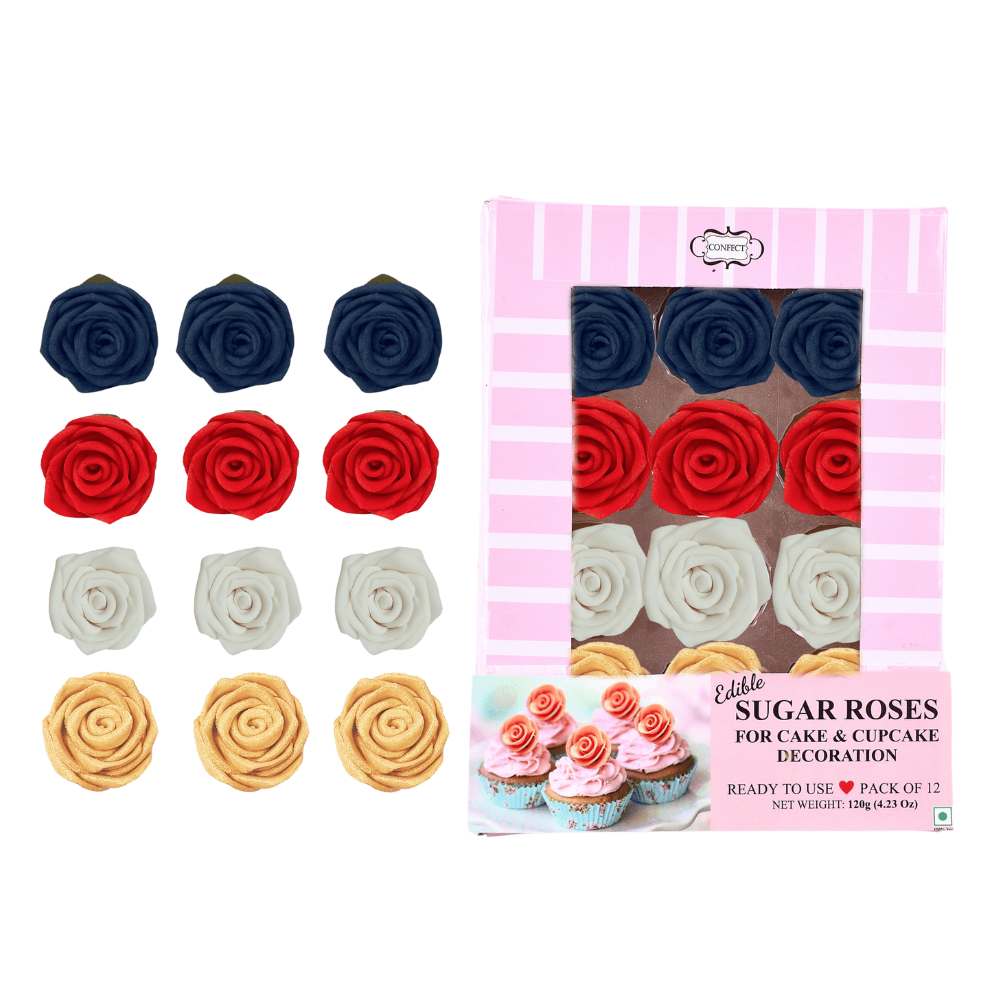 Confect Edible Sugar Roses Cake Toppers For Cupcakes, Doughnut & Cake Decorations - Pack of 12 (J4-ROSES-03)