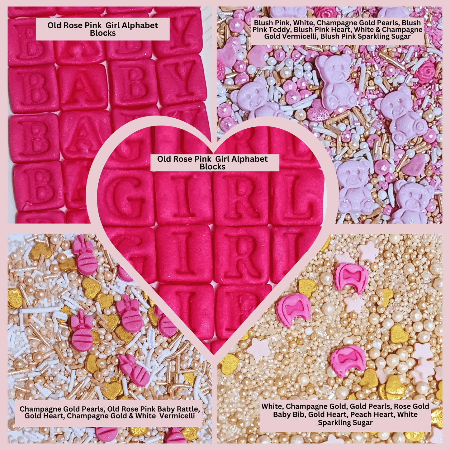 Girls Baby Shower Sprinkles | Mix Heart, Teddy, Baby Feed Bottle & Baby Feet Sprinkles Pack of 5 (BABY SHOWER -22)