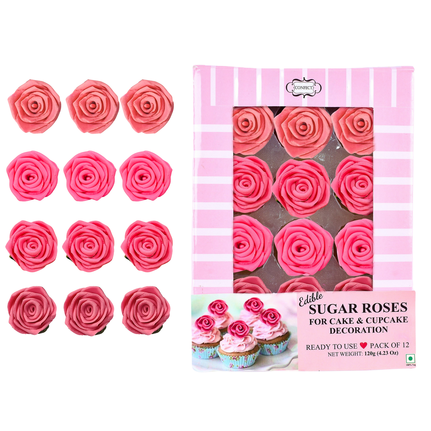 Confect Sugar Roses Topper | Sugar Roses for cake decorations | Cupcakes & Doughnut Edible Toppers | ombre -1 - Pack of 12