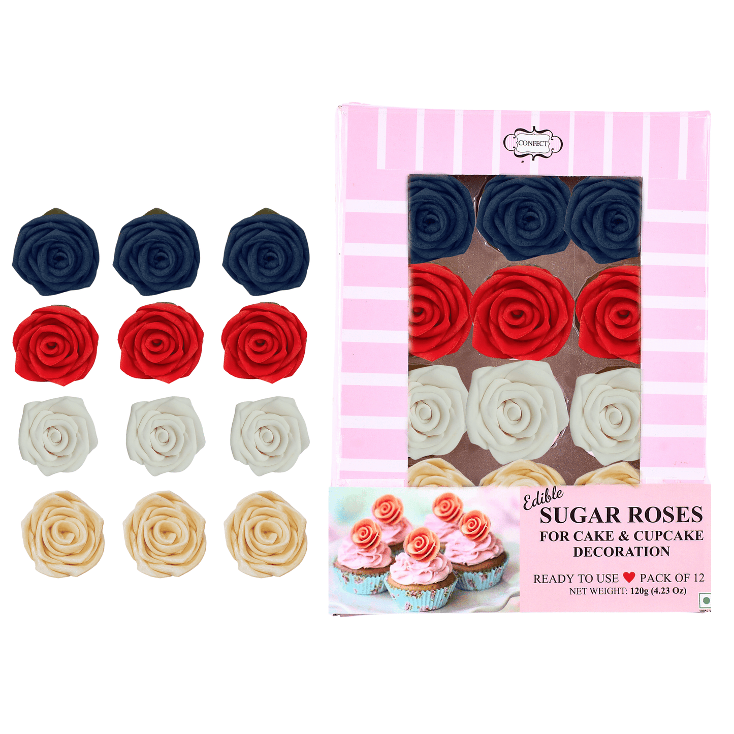 Confect Edible Sugar Roses Cake Toppers For Cupcakes, Doughnut & Cake Decorations - Pack of 12 (J4-ROSES-02)