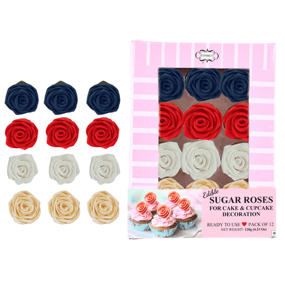 Confect Edible Sugar Roses Cake Toppers For Cupcakes, Doughnut & Cake Decorations - Pack of 12 (J4-ROSES-02)