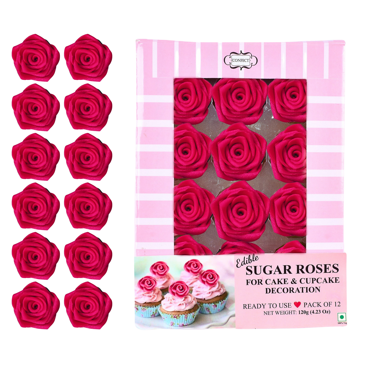 Confect Sugar Roses Topper | Sugar Roses for cake decorations | Edible Crimson Pink Roses - Pack of 12