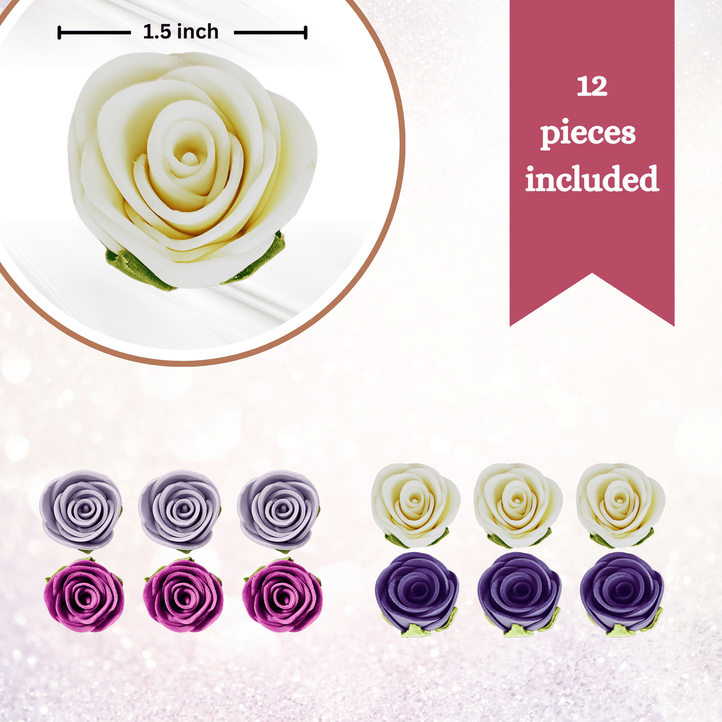 Confect Sugar Roses Topper | Sugar Roses for cake decorations | Cupcakes & Doughnut Edible Toppers | ombre -6 - Pack of 12