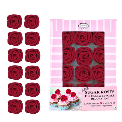 Confect Sugar Roses Topper | Sugar Roses for cake decorations | Edible Rich Deep Burgandy Rose - Pack of 12