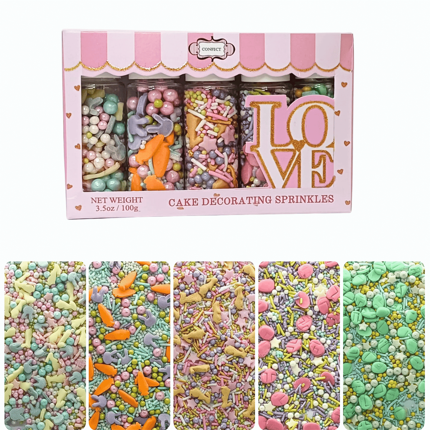 Confect Spring Sprinkles Edible |  Mix Green & Pink Eggs & Yellow & Gold Bunny pack of 5 (EAST 3) - 100Gms