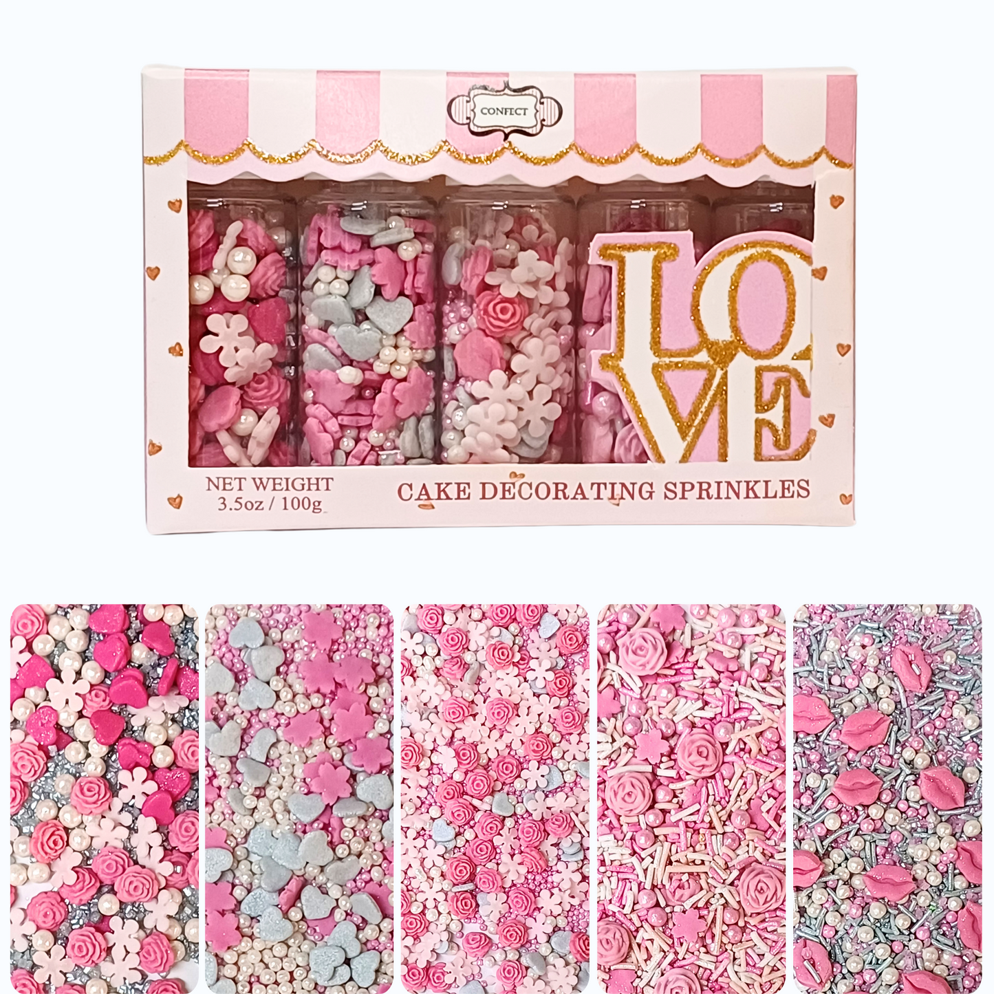 Confect Mother's Day Sprinkles | Silver Hearts & White Pearls , (MDAY-01) - 100Gms