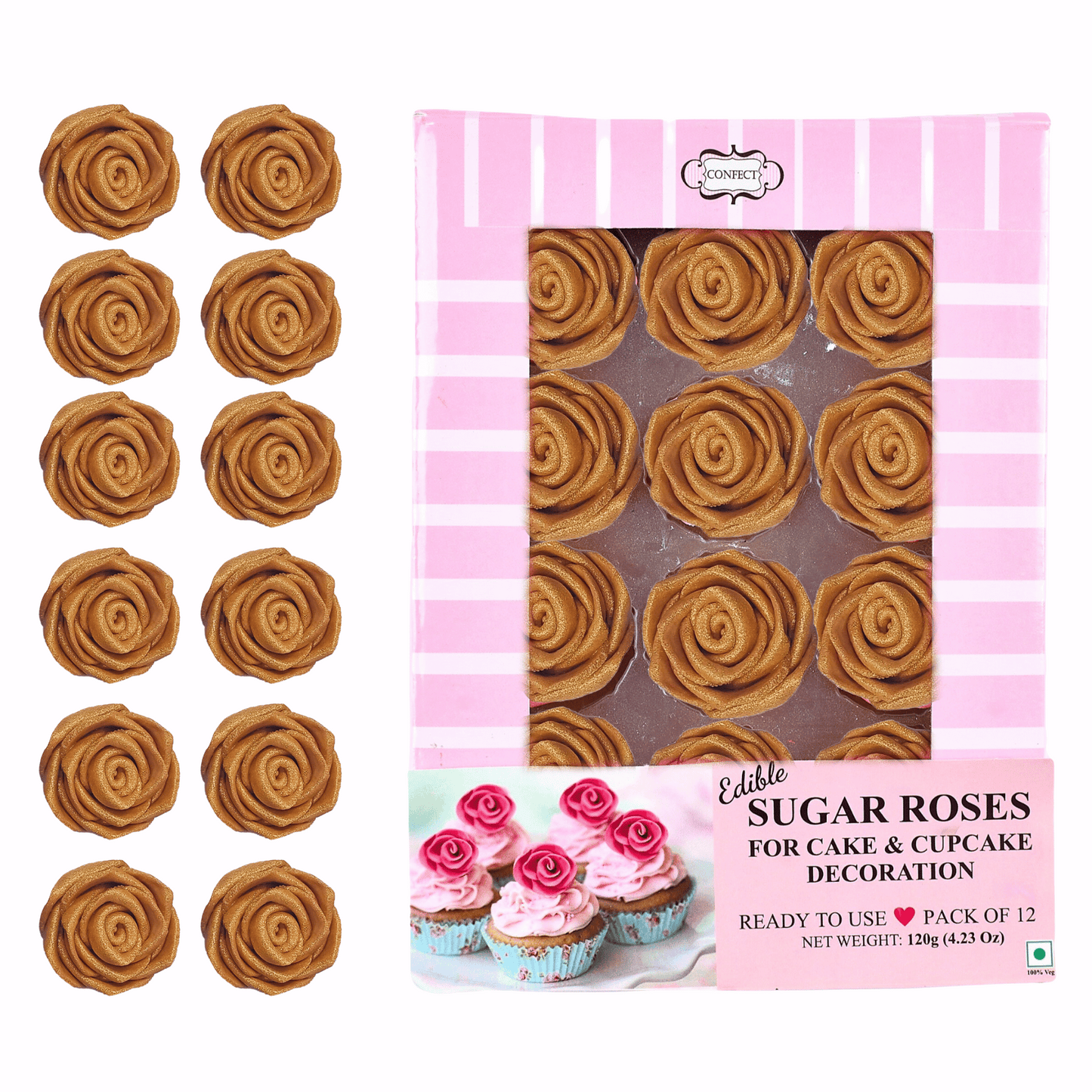 Confect Edible Rose Cake Toppers | Edible Toppers Roses for Cake Decorations- 12 Roses (Copper Roses)