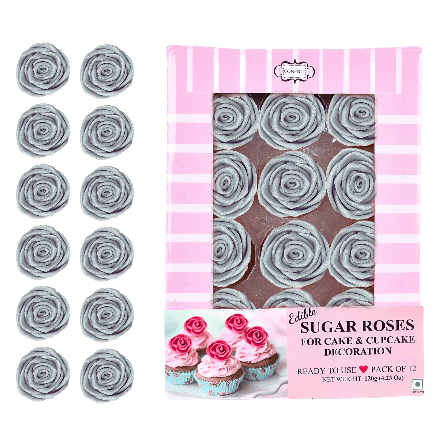 Confect Edible Rose Cake Toppers | Edible Toppers Roses for Cake Decorations- 12 Roses (Silver Roses)